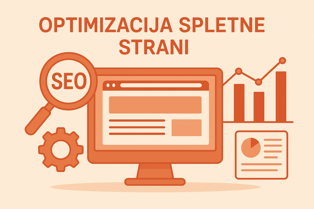Grafični prikaz SEO optimizacije spletne strani z ikonicami iskalnikov in analitičnimi podatki